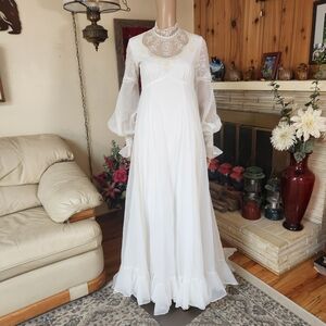 Vintage 1970s Milgrim Empire Waist Lace & Pearl Wedding Gown